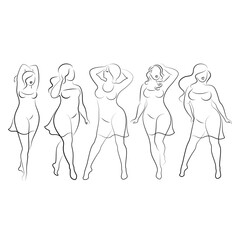 Collection.Beautiful woman silhouette in modern single line continuous style. The girl is overweight. The lady is standing. vector illustration set.