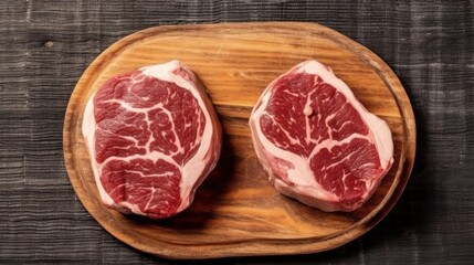 Fototapeta premium Two raw rib eye steaks on a wooden Board on a table prepared for the grill. Top view rustic style macro lens realistic lighting.