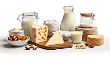 Fototapeta na wymiar variety of dairy products with white background telephoto lenses realistic lighting