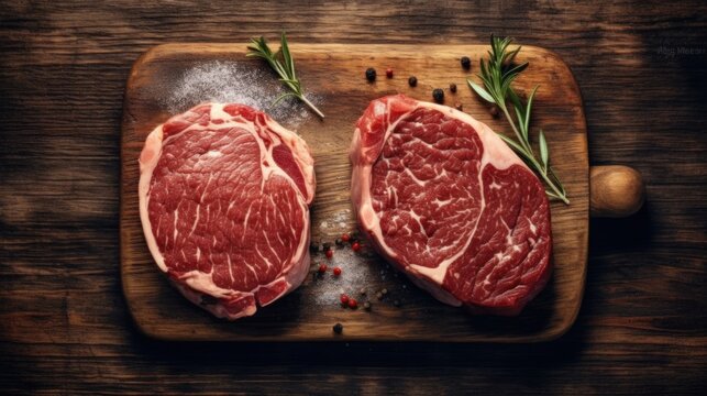 Two raw rib eye steaks on a wooden Board on a table prepared for the grill. Top view rustic style macro lens realistic lighting.