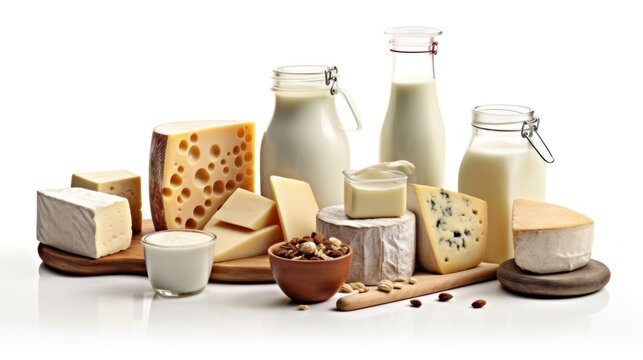 variety of dairy products with white background telephoto lenses realistic lighting