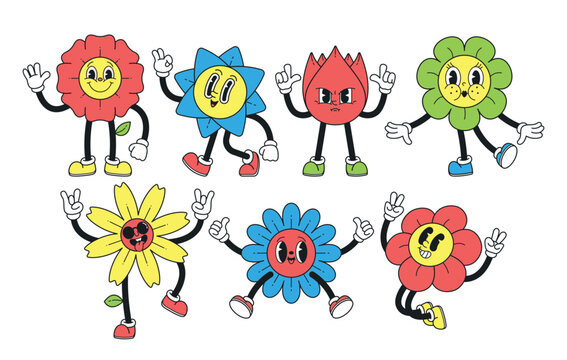 Y2k Flower Characters, Whimsical, Retro-inspired Floral Figures Embodying Vibrant Futuristic Aesthetics Of The Y2k Era