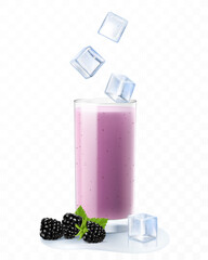 Blackberry cocktail. Berry smoothie or yogurt. Summer refreshing drink with ice cubes and blackberries. Blackberry juice, lemonade. Realistic 3D vector illustration