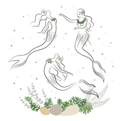 Mermaid silhouette. Beautiful girls swim in the water, dance. The lady is young and slim. Fantastic fairy tale image of algae, plants. vector illustration set.