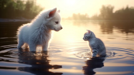 fluffy dog and cat play on beach at  sunrise in sea water with splash ,generated ai