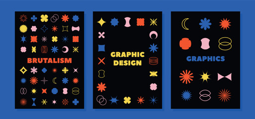 Banners With Abstract Geometric Shapes Or Brutalism Forms, Memphis Geometric Elements. Trendy Minimalist