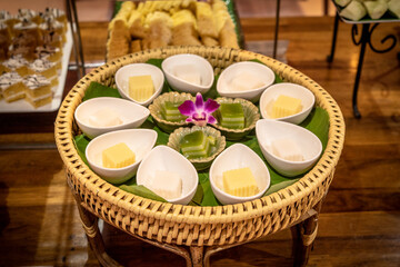 Thai desserts for various auspicious occasions such as coconut milk jelly, egg jelly, layered dessert.