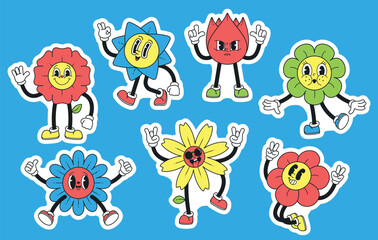 Set of Stickers Whimsical Y2k Flower Characters. Vibrant And Playful Creations From The Turn Of The Millennium