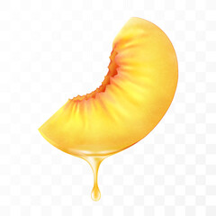 Sliced of peach with juice dripping isolated on transparent background. Fresh slice of peach with essential oil dripping. Juicy fruit. Fresh summer design. Realistic 3d vector