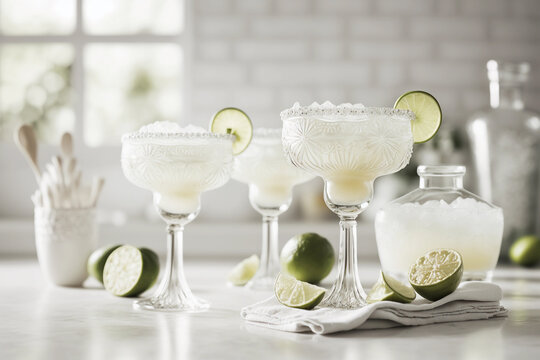 Frozen margaritas in traditional glasses in a white kitchen, generative AI