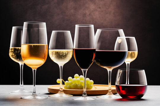 Variety of glasses with red, white and rose wine, generative AI