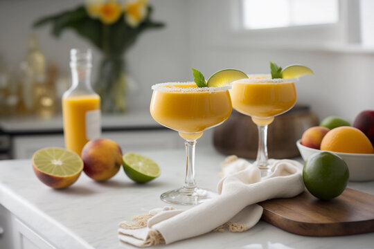 Mango margaritas in traditional glasses on the counter, generative AI