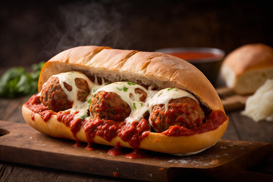 Meatball sub with tomato sauce and cheese, generative AI