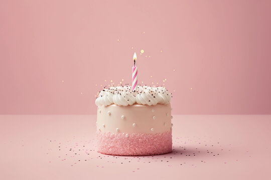 Small pink birthday cake on pink background, generative AI