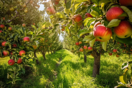 Apple trees in an orchard with ripe red apples, generative AI