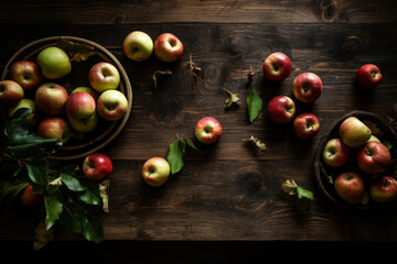 Naklejka premium Fresh apples with green leaves on a rustic wooden table overhead, generative AI