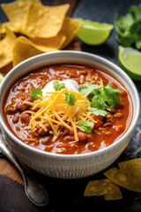 Chili in a bowl topped with cheese, sour cream and cilantro, generative AI