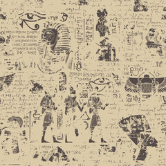 Obraz premium Seamless pattern on an Ancient Egypt theme with images of Egyptian gods and handwritten text lorem ipsum. Vector abstract background in retro style. Wallpaper, wrapping paper, fabric
