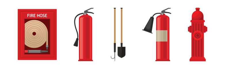 Firefighting Tools and Equipment for Fire Extinguishing Vector Set