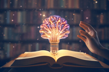 Virtual brain over open book. Creative thinking idea to solve problem from learning knowledge and innovation concept. The concept of future technologies. Generative Ai content.