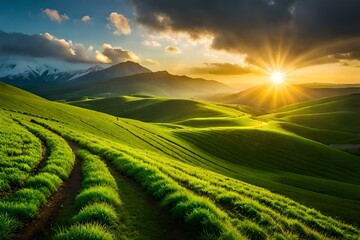 green field and sun