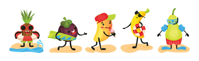 Humanized Fruit Characters Spending Time on Beach Vector Set