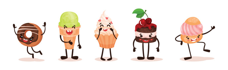 Cute Dessert and Sweet Food with Smiling Faces Vector Set