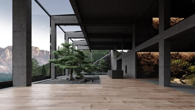 4K 3d animation video, Modern loft large concrete structure space living room and Kitchen with garden, large bonsai trees and view to dolomiti mountains 3d rendering