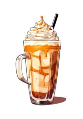Cartoon illustration of iced latte with whipped cream on white background. Generative AI.