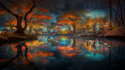 Fantasy Japanese Magical Garden and Park at Night, Nature Landscape.  Generative AI.
