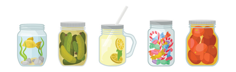 Glass Jars with Different Objects Inside Vector Set