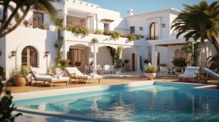 Traditional Mediterranean white house with a swimming pool on the hill with beautiful sea views. summer holiday background