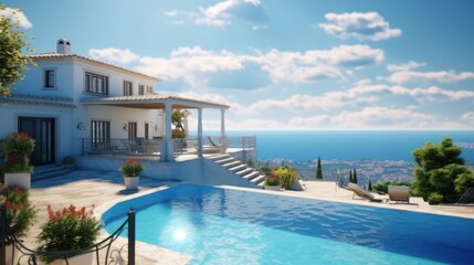 Traditional Mediterranean white house with a swimming pool on the hill with beautiful sea views. summer holiday background