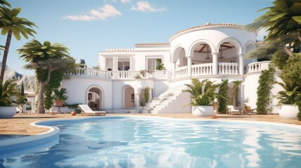 Fototapeta na wymiar Traditional Mediterranean white house with a swimming pool on the hill with beautiful sea views. summer holiday background