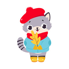 Fototapeta premium Funny Autumn Grey Cat Wear Warm Beret and Coat Stand with Leaf Vector Illustration