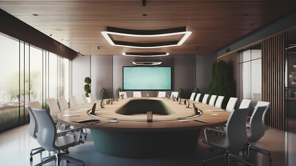 modern interior of an office conference room with a big, oval table and swivel chairs