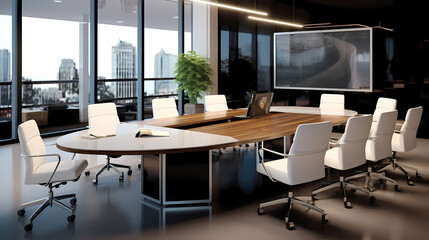 modern conference room with visible cityscape outside with swivel chairs,  a round wooden table and a big TV