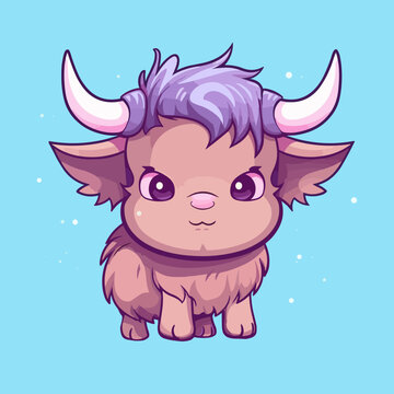 recommend clip art: Buffalo. Cute little cartoon kawaii anime character. domestic Pet. wild  Animal. Flat vector illustration clipart for children