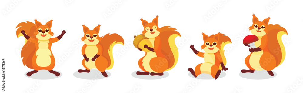Wall mural cute red squirrel character with bushy tail engaged in different activity vector set