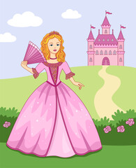 Obraz na płótnie Canvas Vector beautiful fairytale princess on green background with pink castle, children's illustration for print or postcard, romantic princess in rose with hand fan