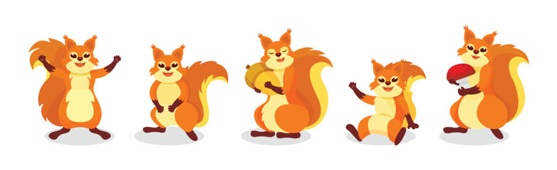 Obraz premium Cute Red Squirrel Character with Bushy Tail Engaged in Different Activity Vector Set