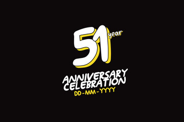 51th, 51 years, 51 year anniversary with white character with yellow shadow on black background-vector