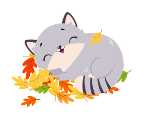 Funny Autumn Grey Cat Cuddle in Foliage Vector Illustration
