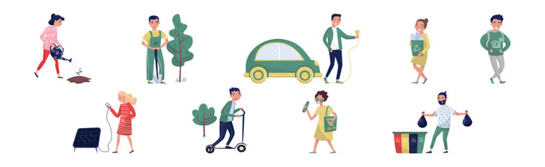 Eco-friendly Lifestyle with People Characters Save Planet and Earth Vector Set