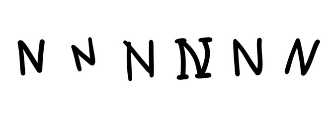 Childlike simple black english latin N alphabet letter symbol. Vector illustration in hand drawn doodle style isolated on white background. For kids book, learning, card, decorating, logo.