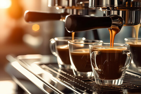 Coffee machine extracts Italian Espresso. AI technology generated image