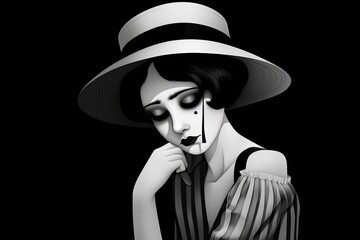 Sad mime female Pierrot with a black hat, ai generated, Generative AI - obrazy, fototapety, plakaty