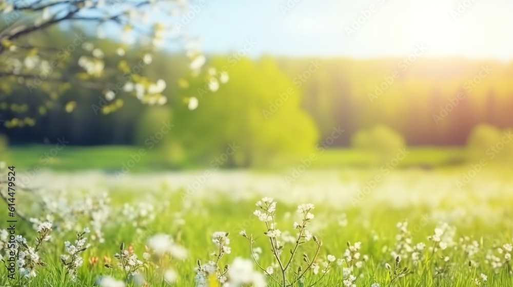 Wall mural Beautiful, blurred spring background nature with blooming glade, trees and blue sky on a sunny day, Generative Ai