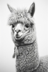 Beautiful black and white portrait of an alpaca on a white background. Generative AI.