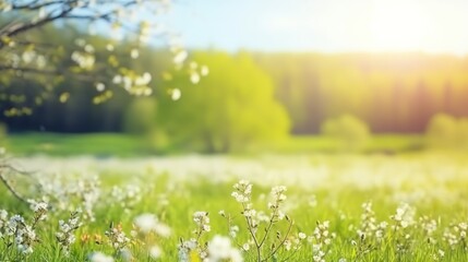 Beautiful, blurred spring background nature with blooming glade, trees and blue sky on a sunny day, Generative Ai - obrazy, fototapety, plakaty